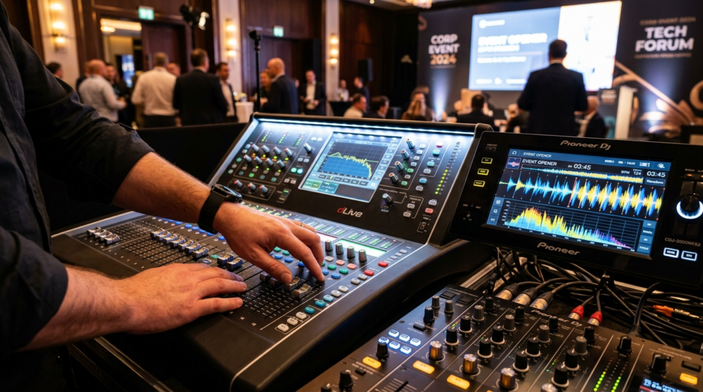 Close-up of professional audio equipment and soundboard in a