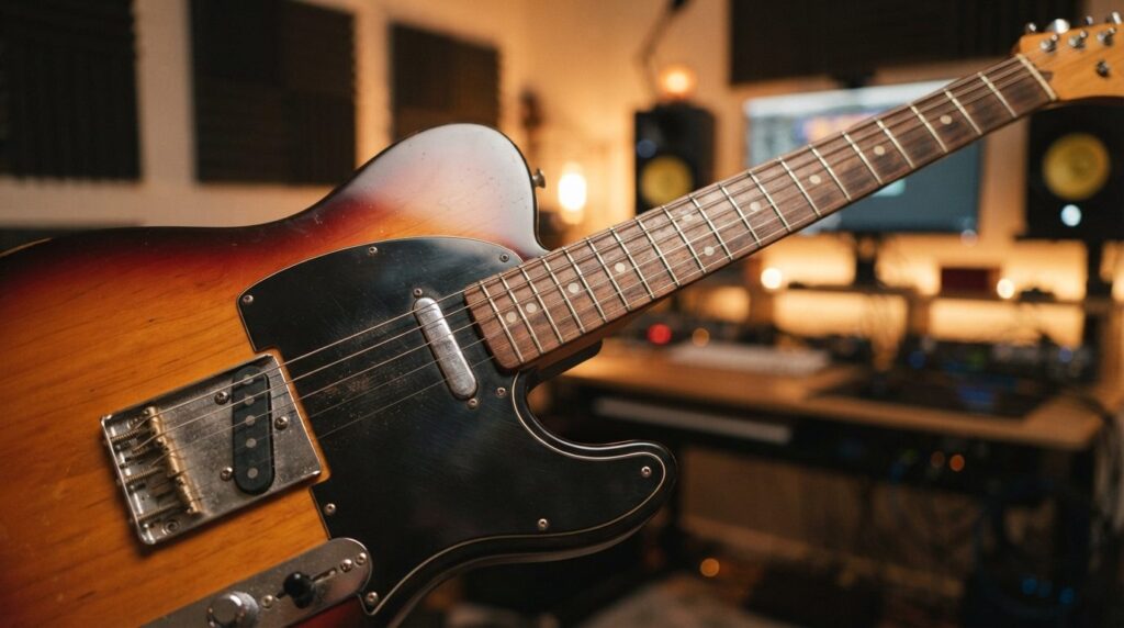 Close-up detail shot of a beginners electric guitar body an