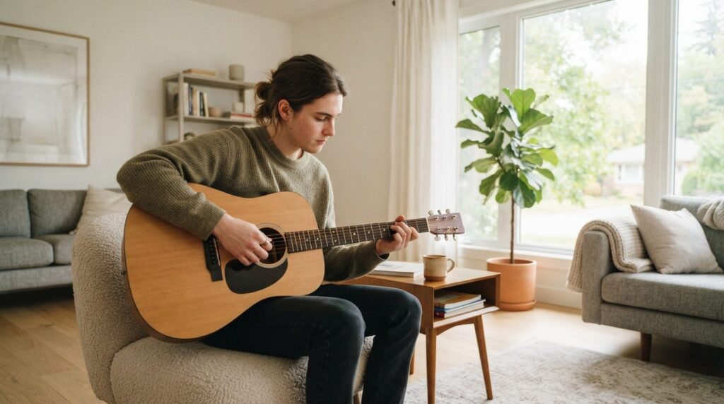Young adult beginner guitarist practicing with an acoustic g