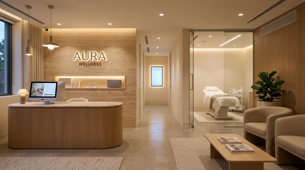 Modern aesthetic clinic reception and treatment area featuri