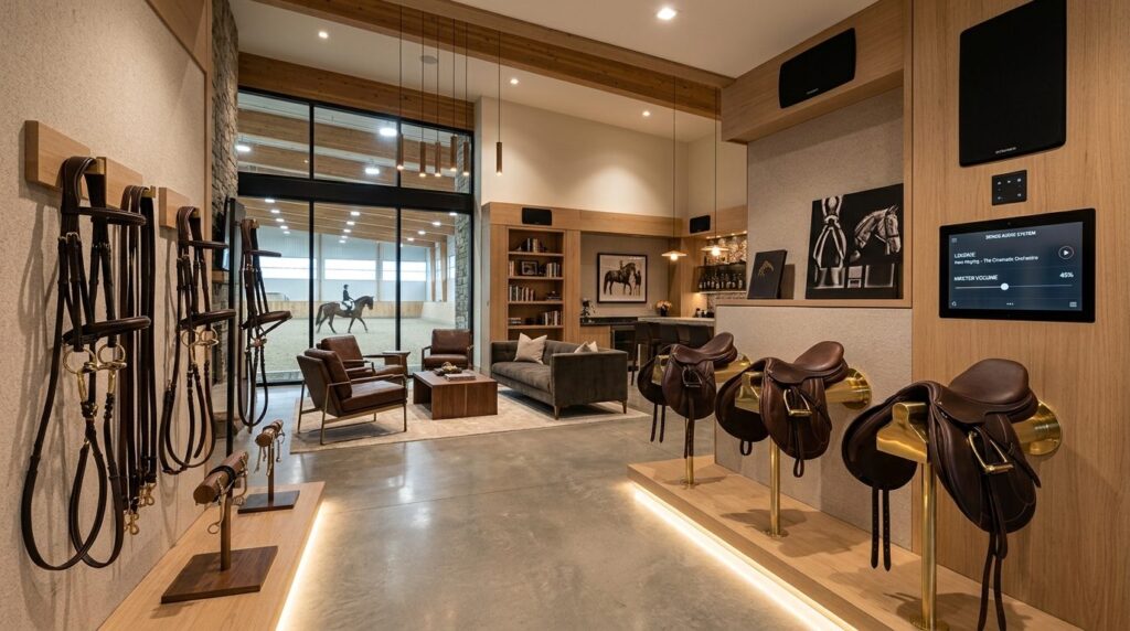 Modern equestrian facility interior with integrated digital