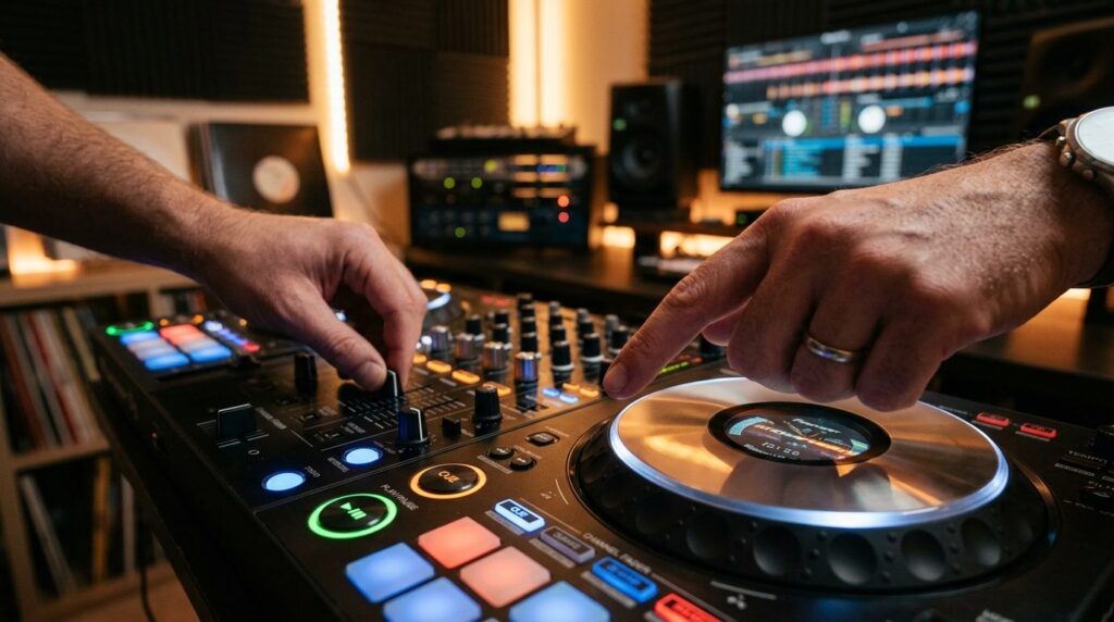 Close-up detailed shot of hands on a Pioneer DJ controller d