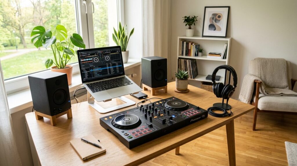 Wide-angle view of a complete beginner DJ home setup featuri