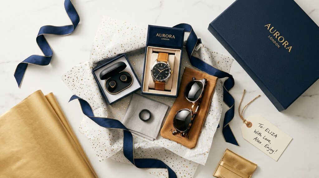 Luxury gift unboxing flat lay photography: open premium gift