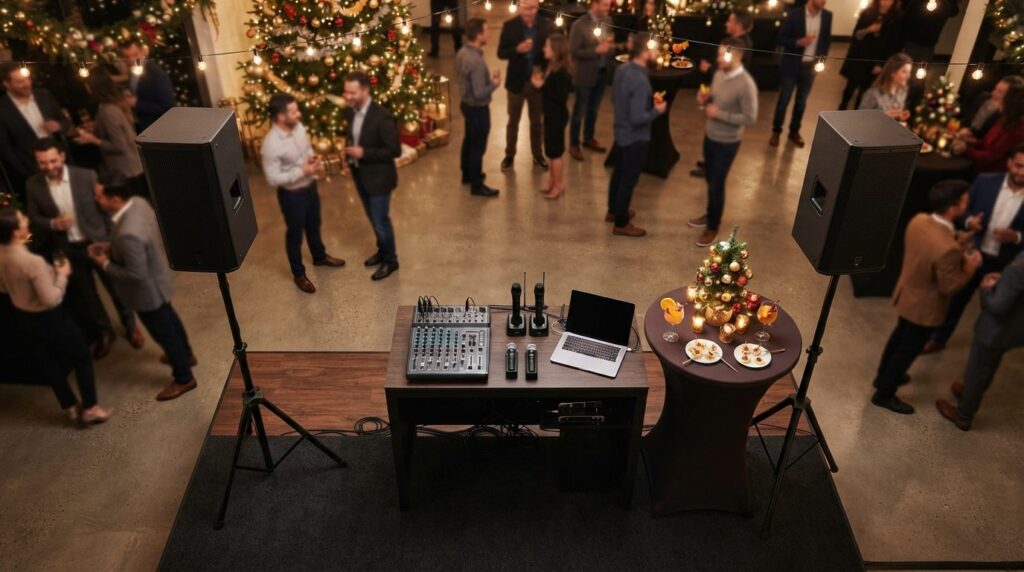 Overhead view of a professional audio equipment setup in a f