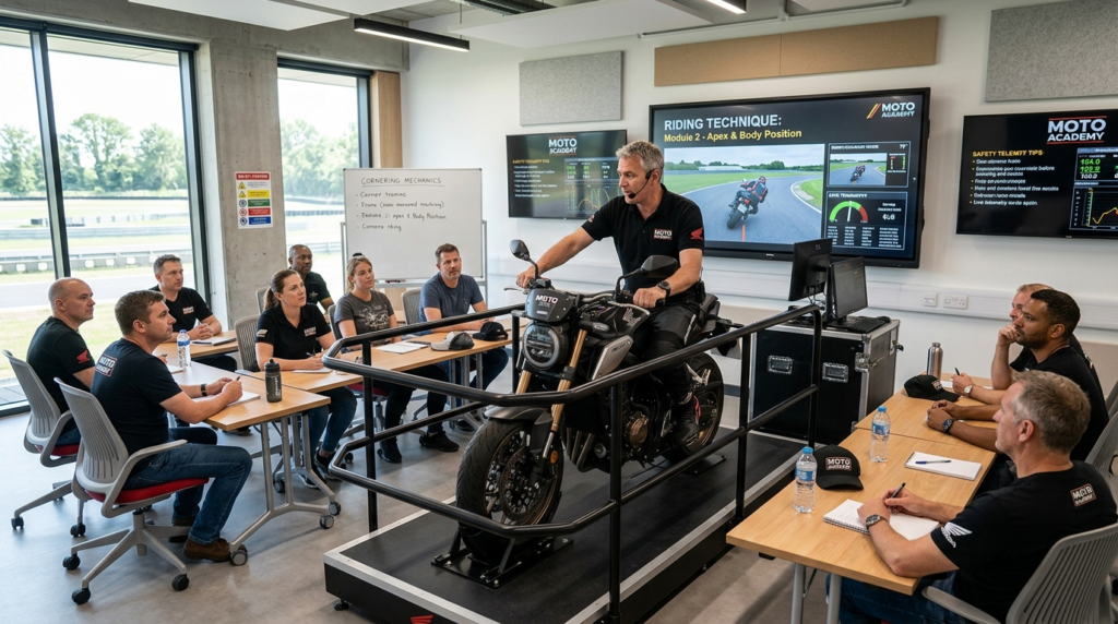 Wide professional photograph of a modern motorcycle riding s